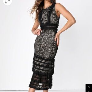 Lulus Garden Soirée Black Lace Sleeveless Tiered Midi Dress